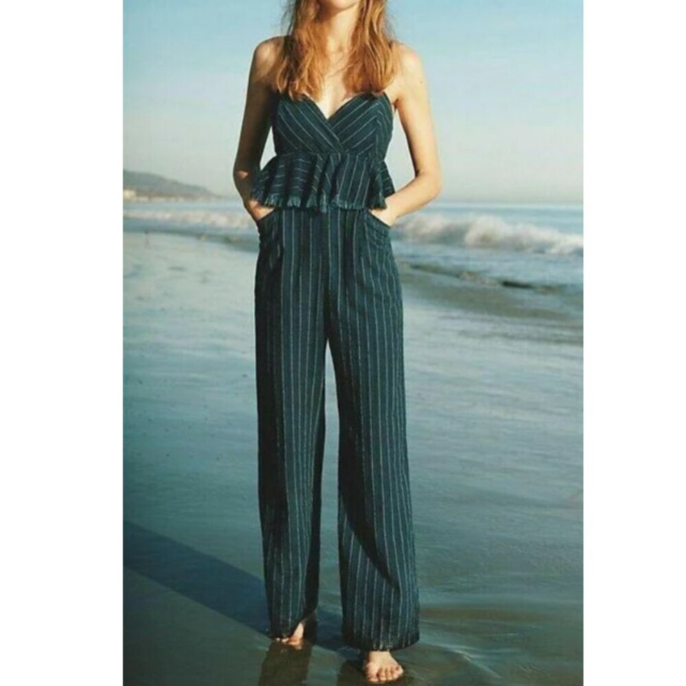 Anthropologie Denim Jumpsuit Womens Blue Sleeveless Peplum Ruffled Striped Long